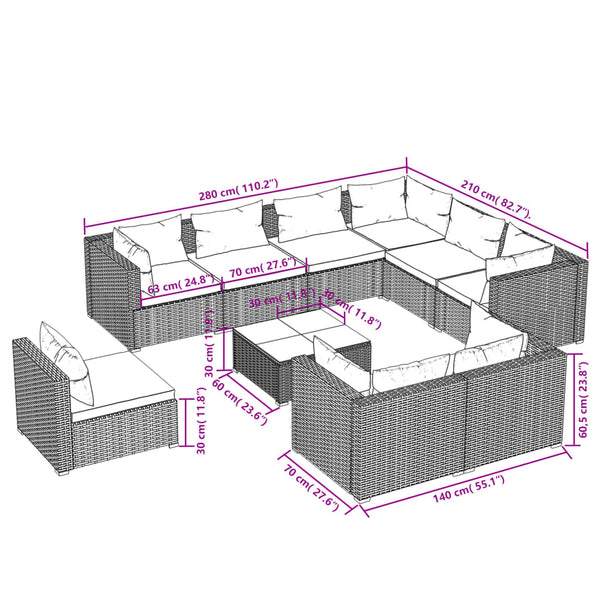 10-tlg. Garten-Lounge-Set mit Kissen Poly Rattan Schwarz