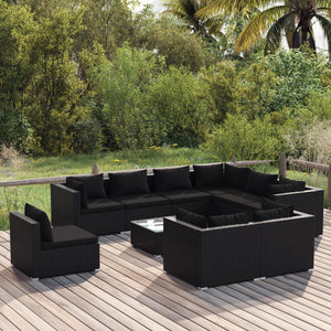 10-tlg. Garten-Lounge-Set mit Kissen Poly Rattan Schwarz