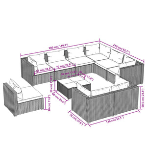 10-tlg. Garten-Lounge-Set mit Kissen Poly Rattan Grau