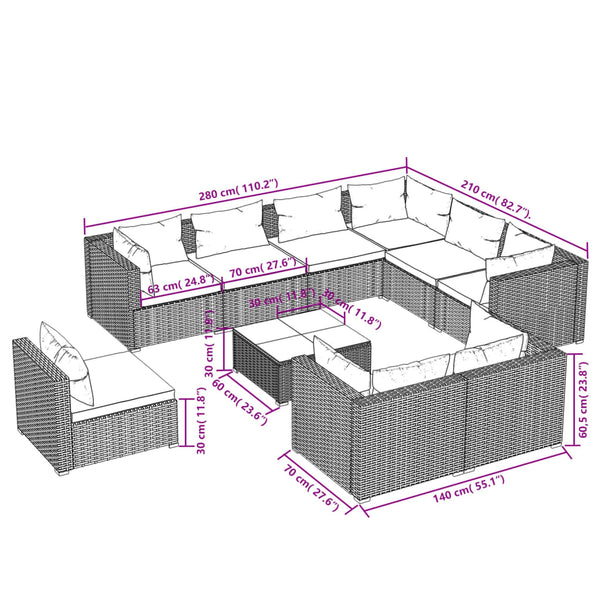 10-tlg. Garten-Lounge-Set mit Kissen Poly Rattan Grau