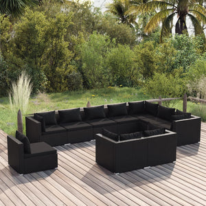 10-tlg. Garten-Lounge-Set mit Kissen Poly Rattan Schwarz