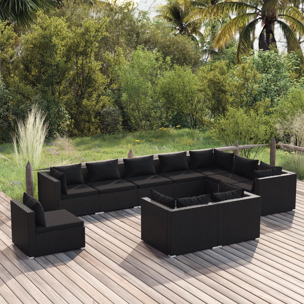 10-tlg. Garten-Lounge-Set mit Kissen Poly Rattan Schwarz