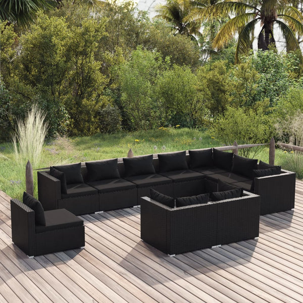 10-tlg. Garten-Lounge-Set mit Kissen Poly Rattan Schwarz
