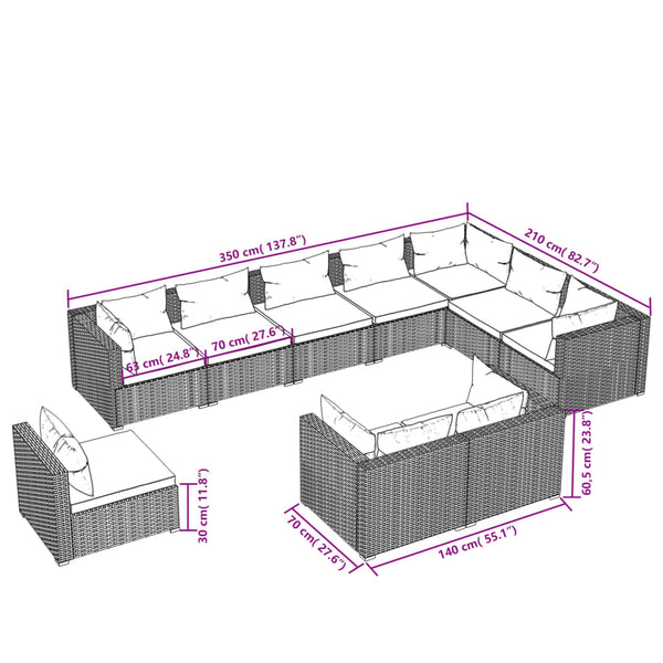 10-tlg. Garten-Lounge-Set mit Kissen Poly Rattan Grau