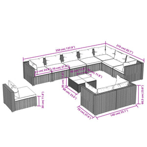 11-tlg. Garten-Lounge-Set mit Kissen Poly Rattan Grau