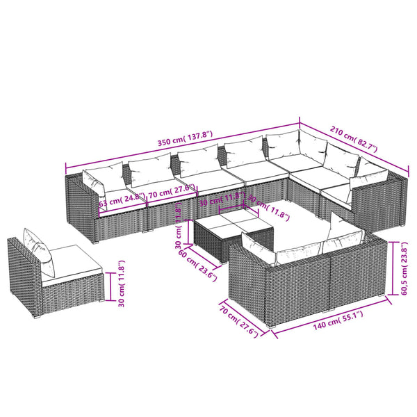 11-tlg. Garten-Lounge-Set mit Kissen Poly Rattan Grau