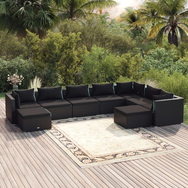 9-tlg. Garten-Lounge-Set mit Kissen Poly Rattan Schwarz