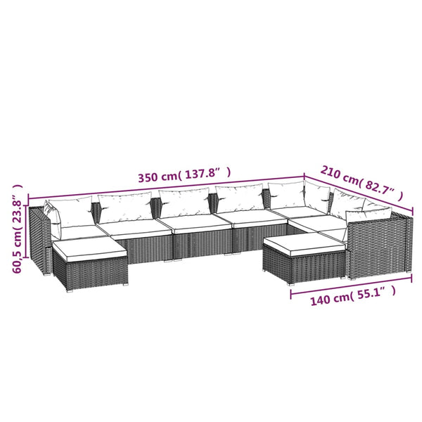 9-tlg. Garten-Lounge-Set mit Kissen Poly Rattan Grau