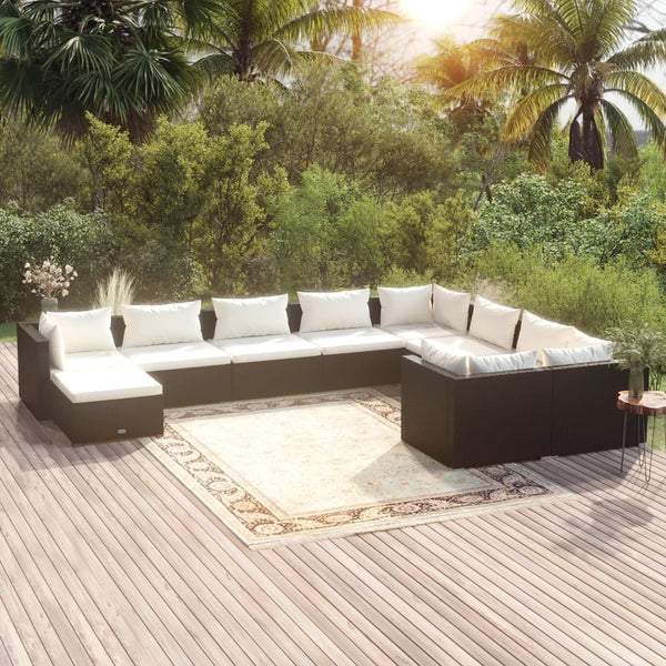 10-tlg. Garten-Lounge-Set mit Kissen Poly Rattan Schwarz