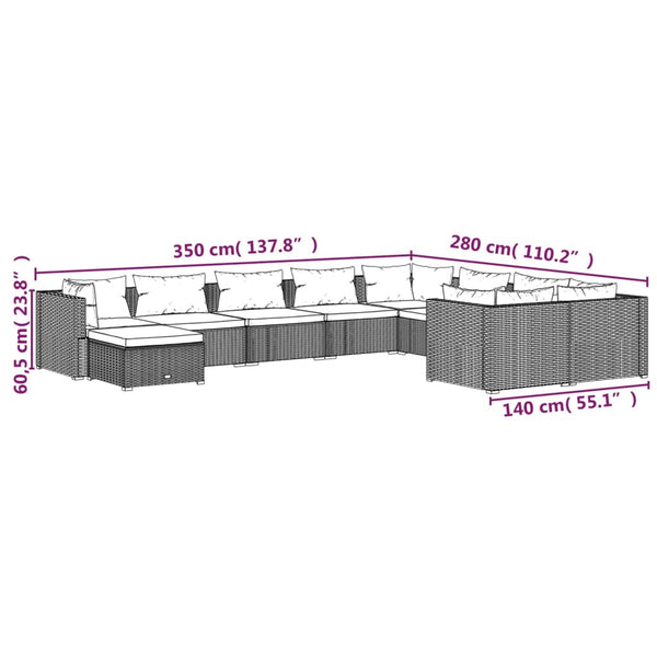 10-tlg. Garten-Lounge-Set mit Kissen Poly Rattan Grau