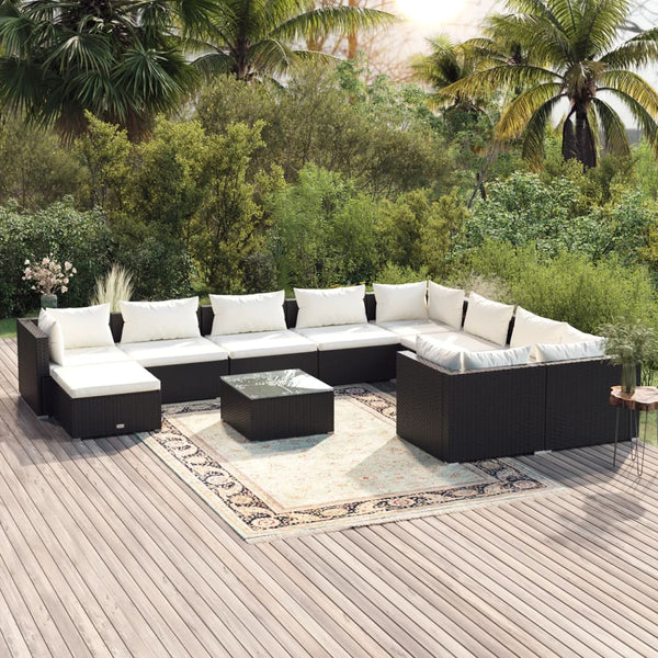 11-tlg. Garten-Lounge-Set mit Kissen Poly Rattan Schwarz