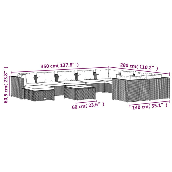 11-tlg. Garten-Lounge-Set mit Kissen Poly Rattan Schwarz