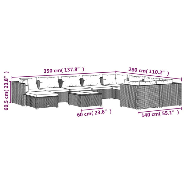 11-tlg. Garten-Lounge-Set mit Kissen Poly Rattan Grau