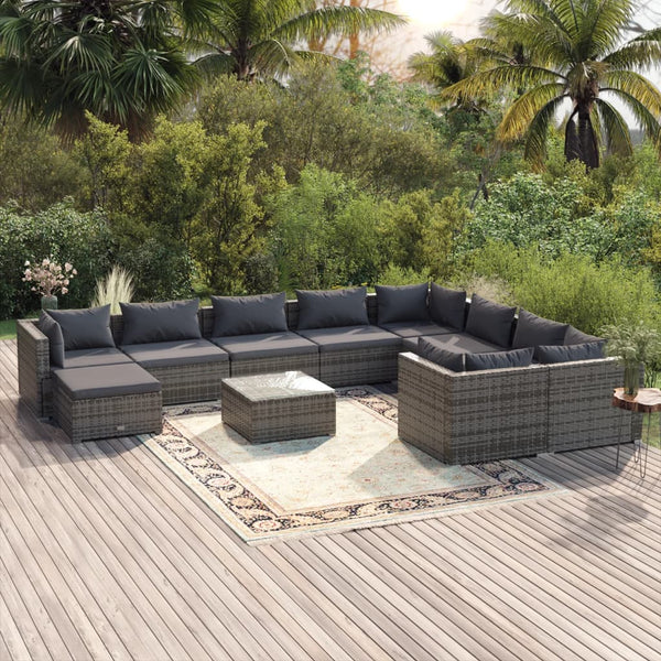 11-tlg. Garten-Lounge-Set mit Kissen Poly Rattan Grau