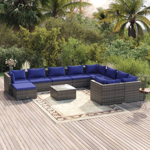 11-tlg. Garten-Lounge-Set mit Kissen Poly Rattan Grau