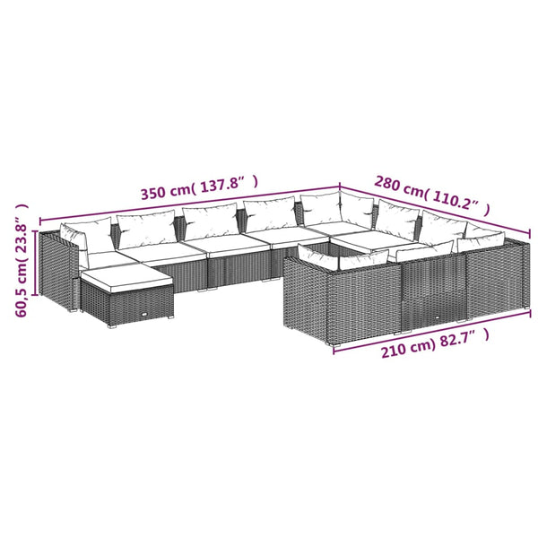 11-tlg. Garten-Lounge-Set mit Kissen Poly Rattan Schwarz
