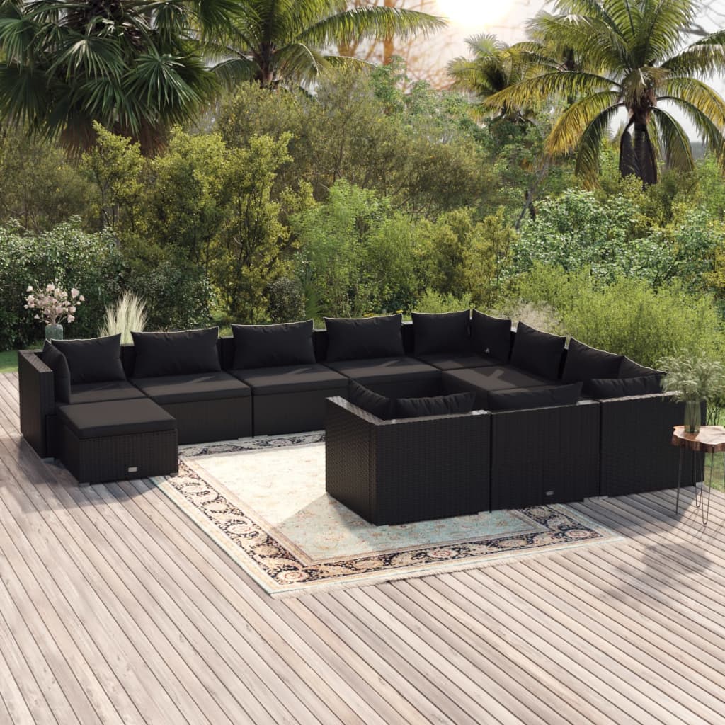 11-tlg. Garten-Lounge-Set mit Kissen Poly Rattan Schwarz