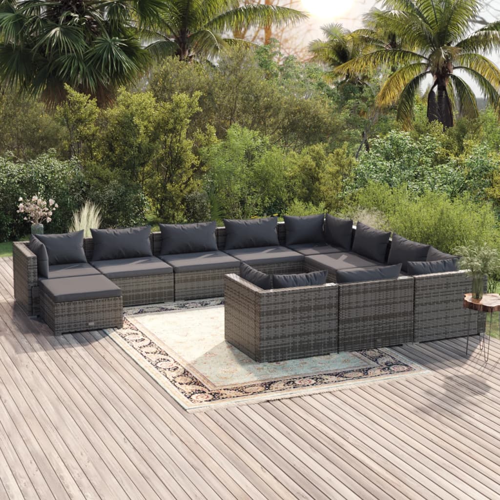 11-tlg. Garten-Lounge-Set mit Kissen Poly Rattan Grau
