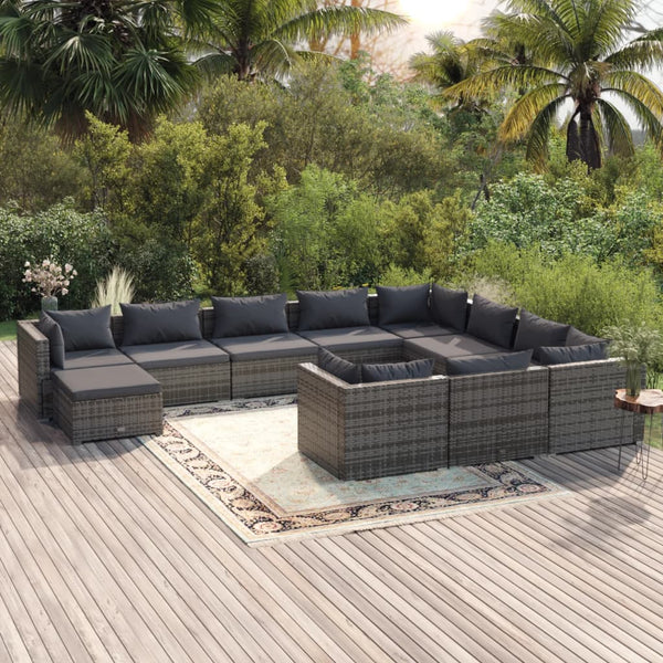 11-tlg. Garten-Lounge-Set mit Kissen Poly Rattan Grau