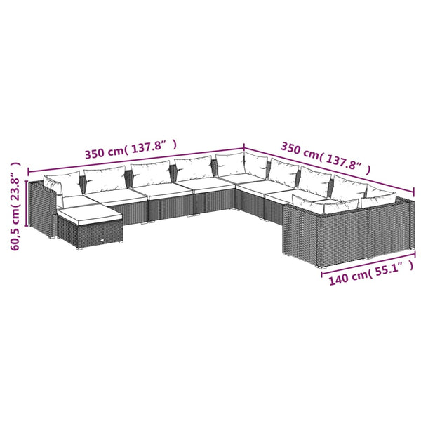 11-tlg. Garten-Lounge-Set mit Kissen Poly Rattan Schwarz