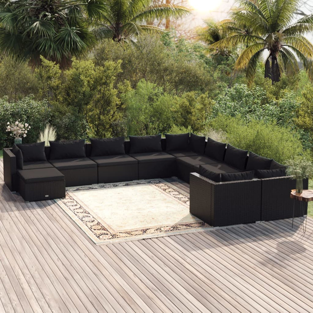 11-tlg. Garten-Lounge-Set mit Kissen Poly Rattan Schwarz