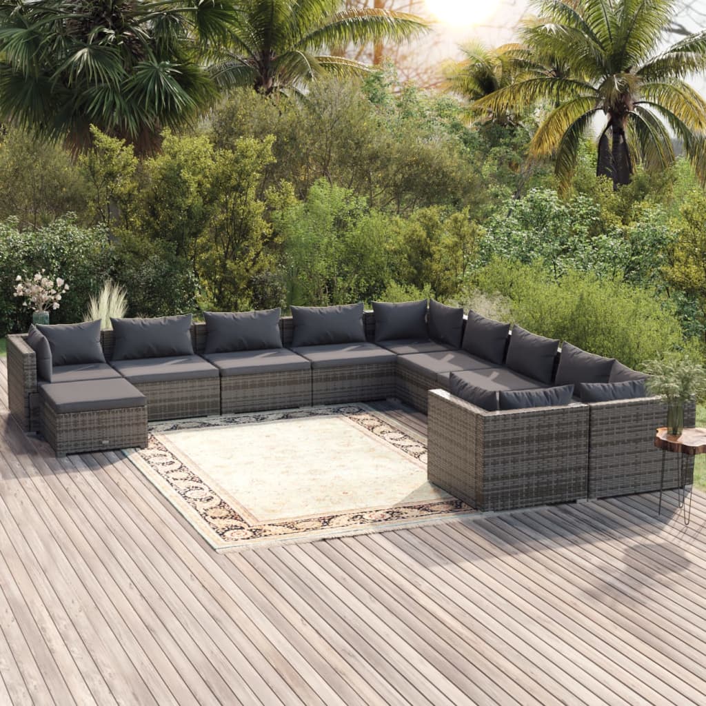 11-tlg. Garten-Lounge-Set mit Kissen Poly Rattan Grau