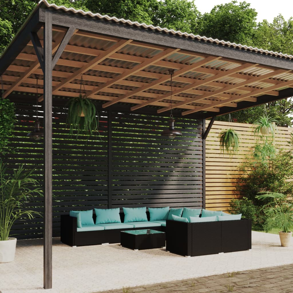 9-tlg. Garten-Lounge-Set mit Kissen Poly Rattan Schwarz