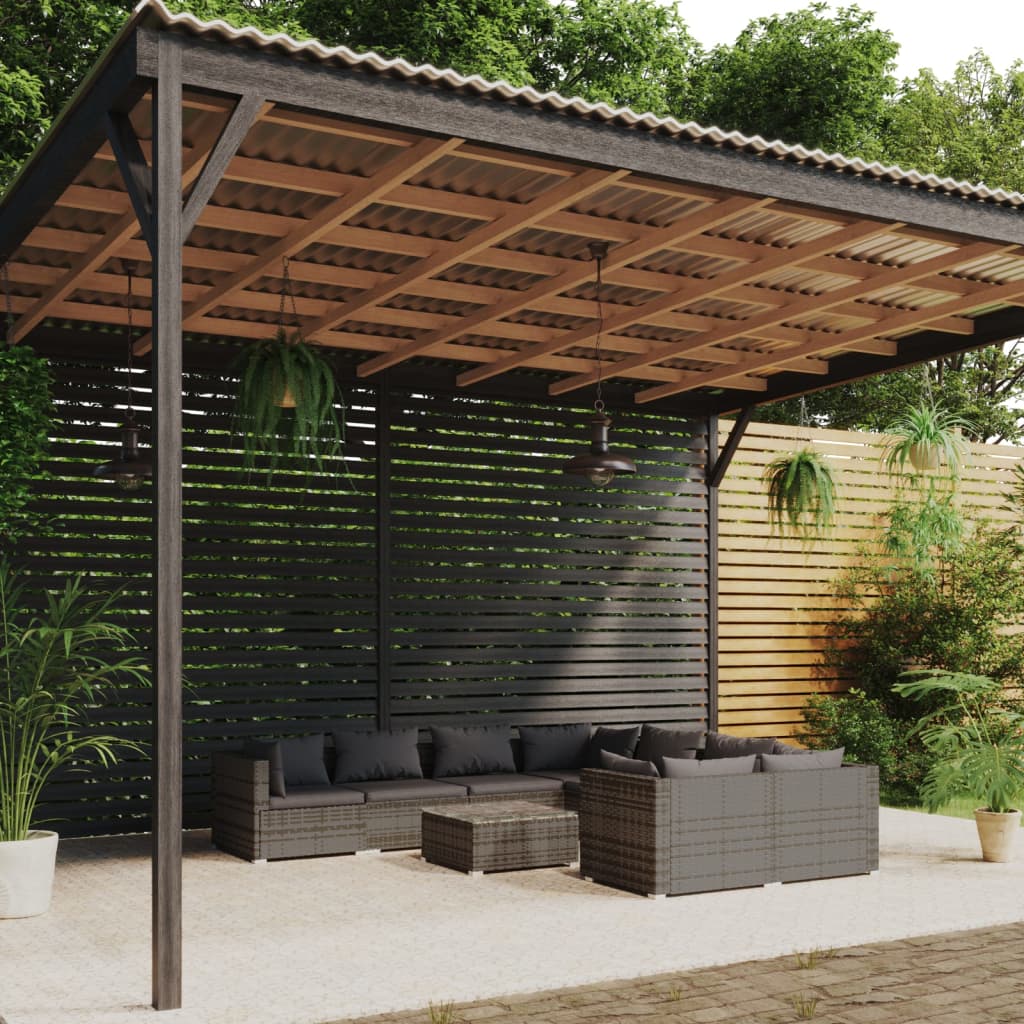 9-tlg. Garten-Lounge-Set mit Kissen Poly Rattan Grau