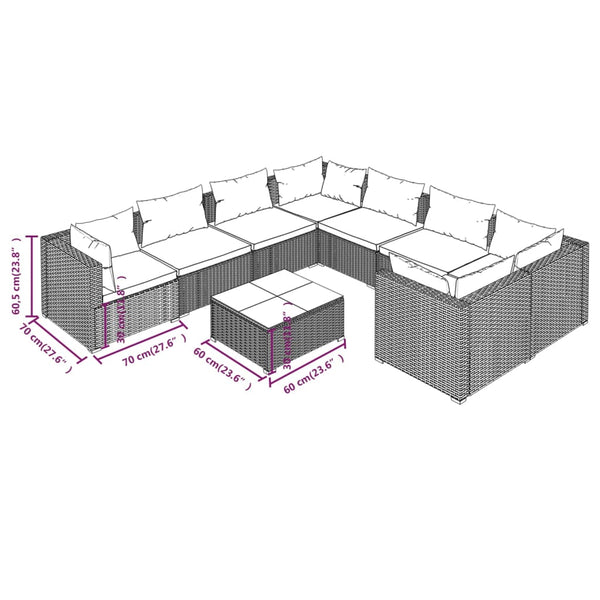 9-tlg. Garten-Lounge-Set mit Kissen Poly Rattan Grau