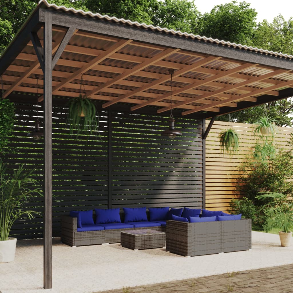 9-tlg. Garten-Lounge-Set mit Kissen Poly Rattan Grau