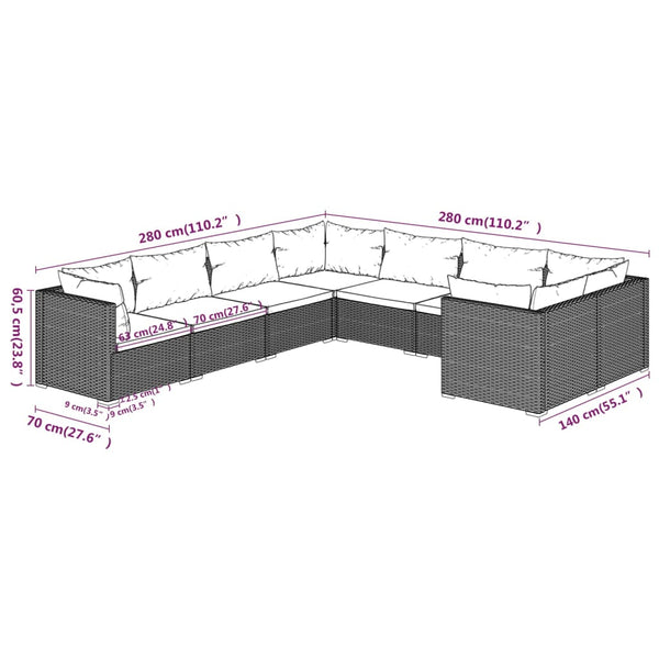 8-tlg. Garten-Lounge-Set mit Kissen Poly Rattan Schwarz