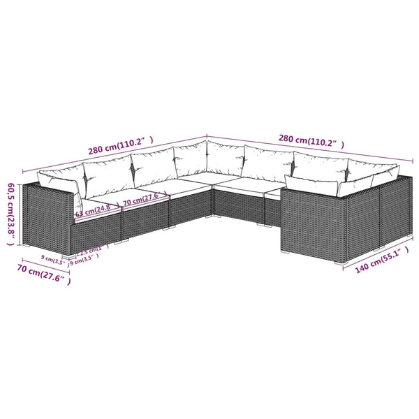 8-tlg. Garten-Lounge-Set mit Kissen Poly Rattan Schwarz