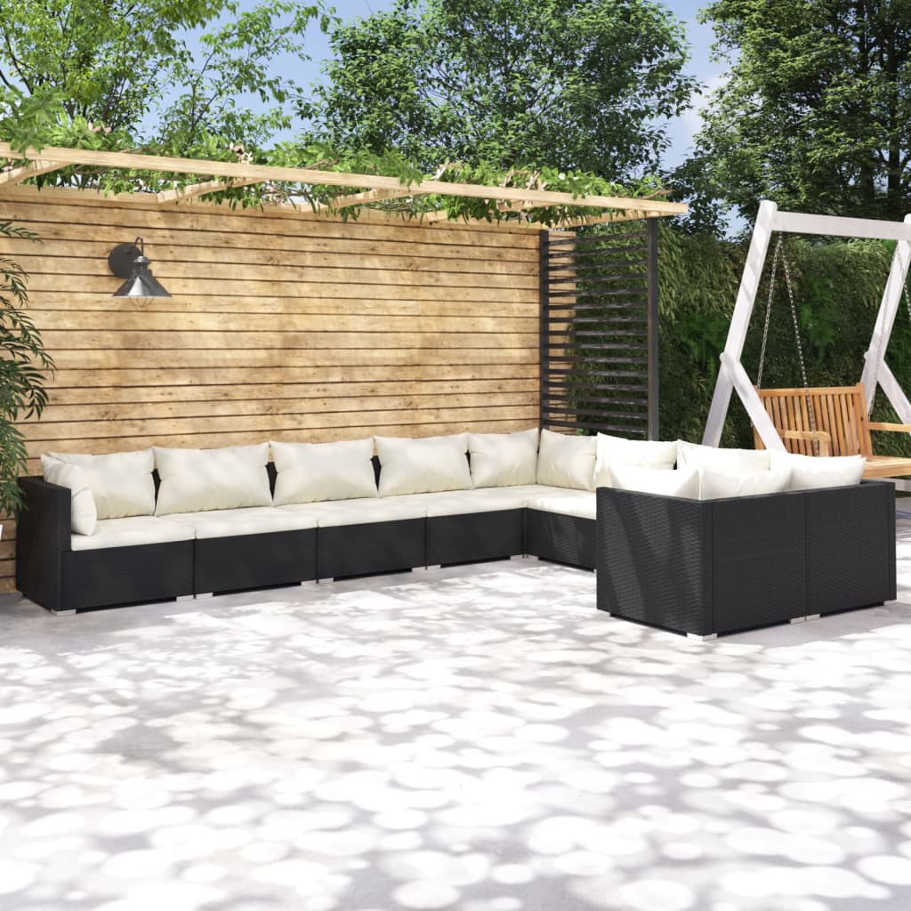 9-tlg. Garten-Lounge-Set mit Kissen Poly Rattan Schwarz