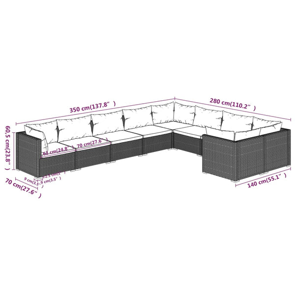 9-tlg. Garten-Lounge-Set mit Kissen Poly Rattan Grau