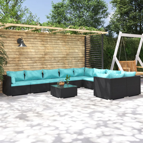 10-tlg. Garten-Lounge-Set mit Kissen Poly Rattan Schwarz