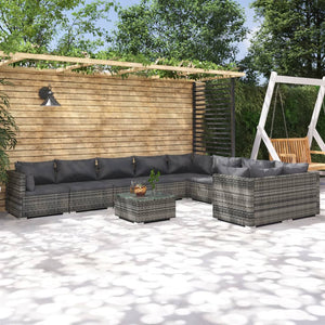10-tlg. Garten-Lounge-Set mit Kissen Poly Rattan Grau