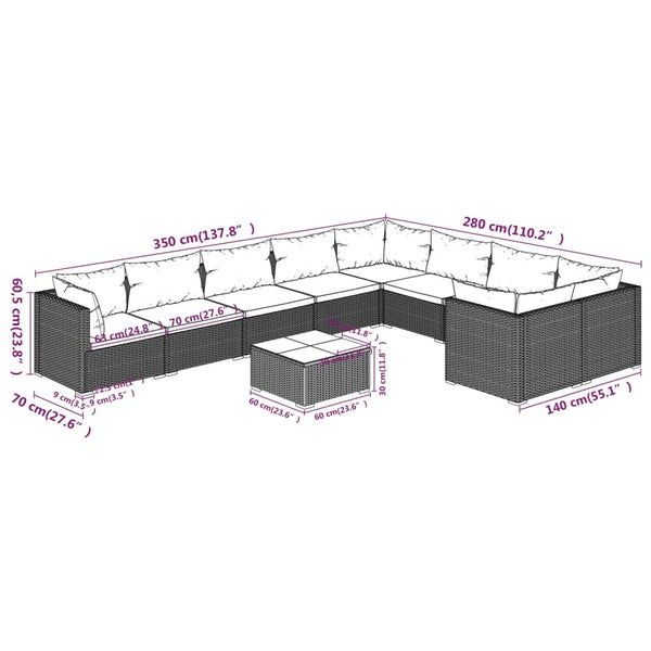 10-tlg. Garten-Lounge-Set mit Kissen Poly Rattan Grau