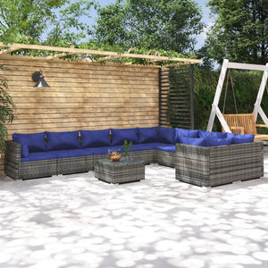 10-tlg. Garten-Lounge-Set mit Kissen Poly Rattan Grau
