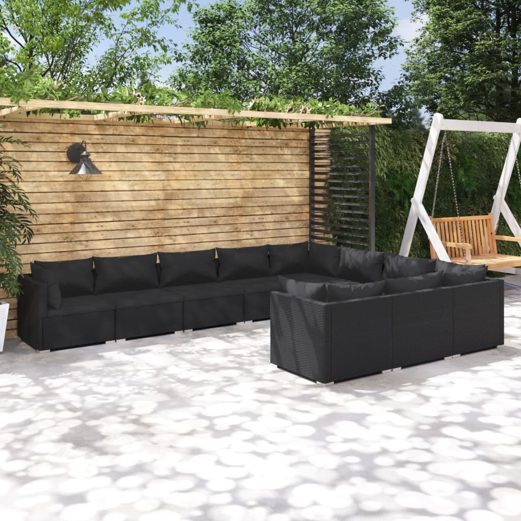 10-tlg. Garten-Lounge-Set mit Kissen Poly Rattan Schwarz