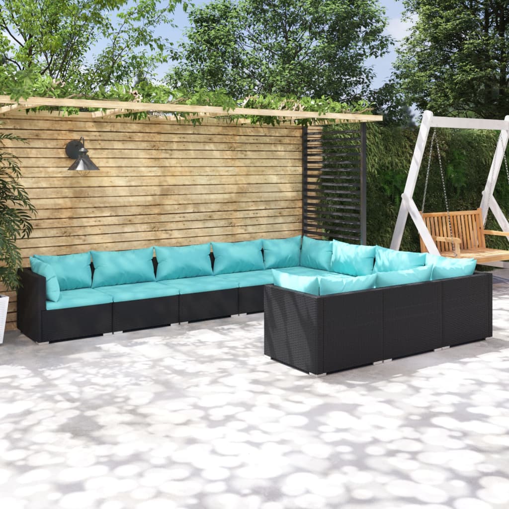 10-tlg. Garten-Lounge-Set mit Kissen Poly Rattan Schwarz
