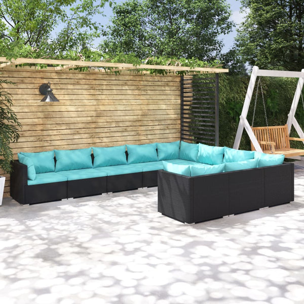 10-tlg. Garten-Lounge-Set mit Kissen Poly Rattan Schwarz