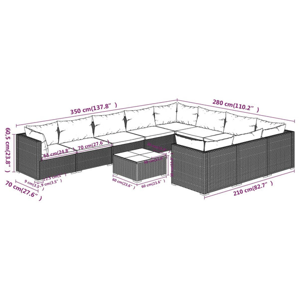 11-tlg. Garten-Lounge-Set mit Kissen Poly Rattan Braun