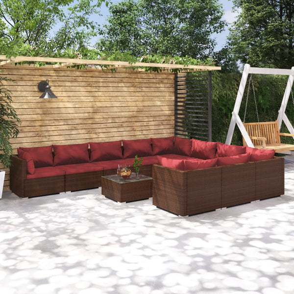 11-tlg. Garten-Lounge-Set mit Kissen Poly Rattan Braun