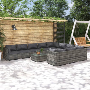 11-tlg. Garten-Lounge-Set mit Kissen Poly Rattan Grau
