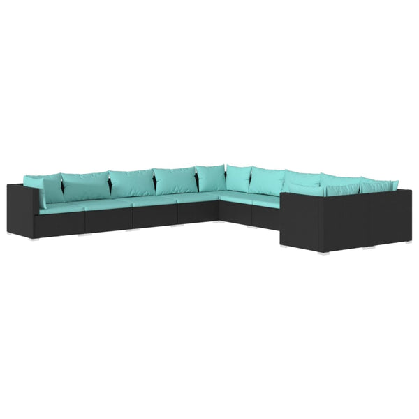 10-tlg. Garten-Lounge-Set mit Kissen Poly Rattan Schwarz