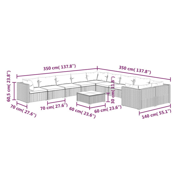 11-tlg. Garten-Lounge-Set mit Kissen Poly Rattan Braun
