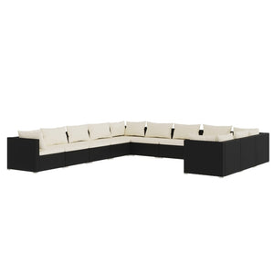 11-tlg. Garten-Lounge-Set mit Kissen Poly Rattan Schwarz