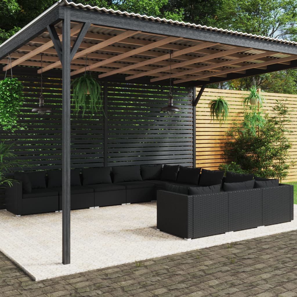11-tlg. Garten-Lounge-Set mit Kissen Poly Rattan Schwarz