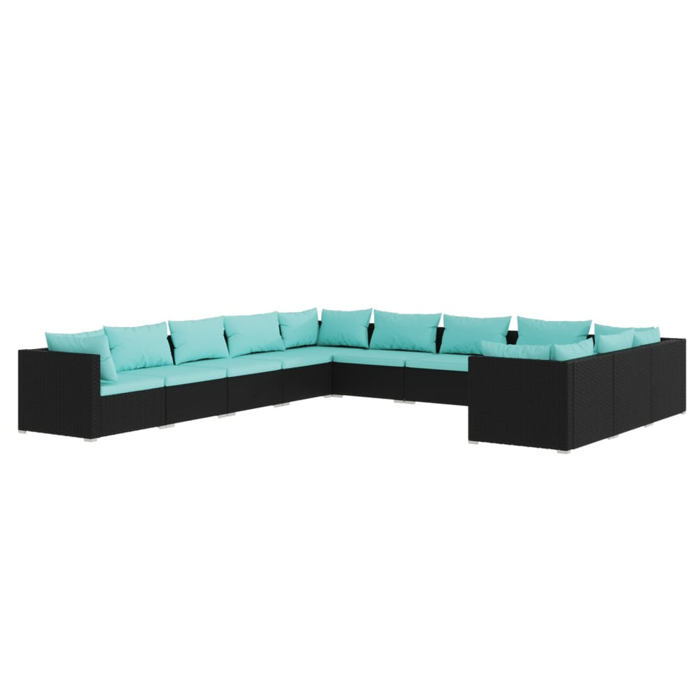 11-tlg. Garten-Lounge-Set mit Kissen Poly Rattan Schwarz