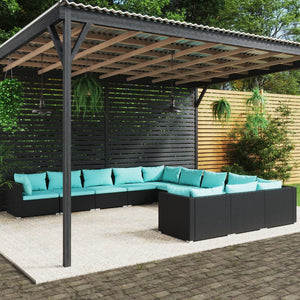 11-tlg. Garten-Lounge-Set mit Kissen Poly Rattan Schwarz